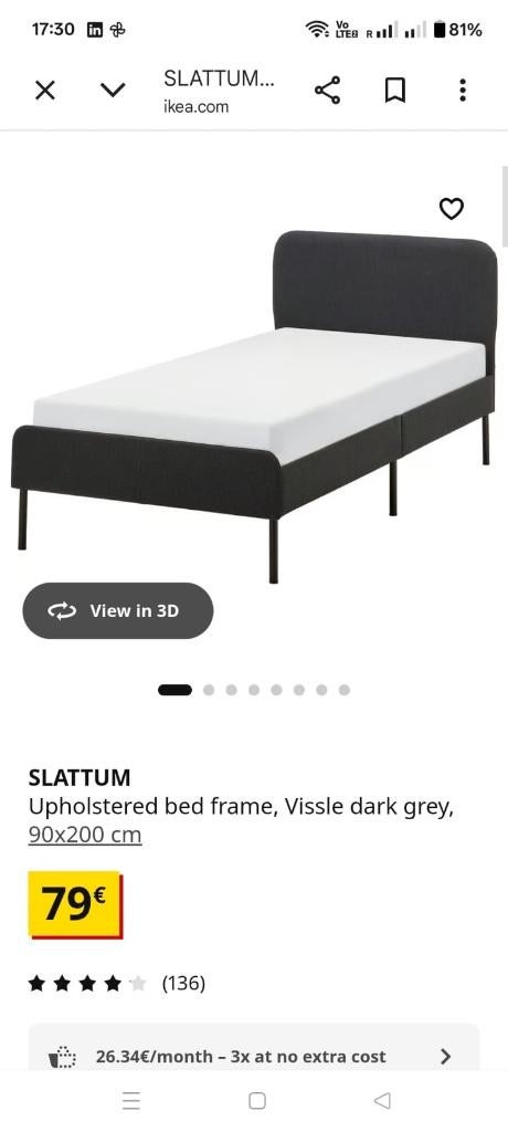 Ikea Slattum upholstered bed frame plus mattress 90 200, 90 cm, Enlèvement, 200 cm, Une personne