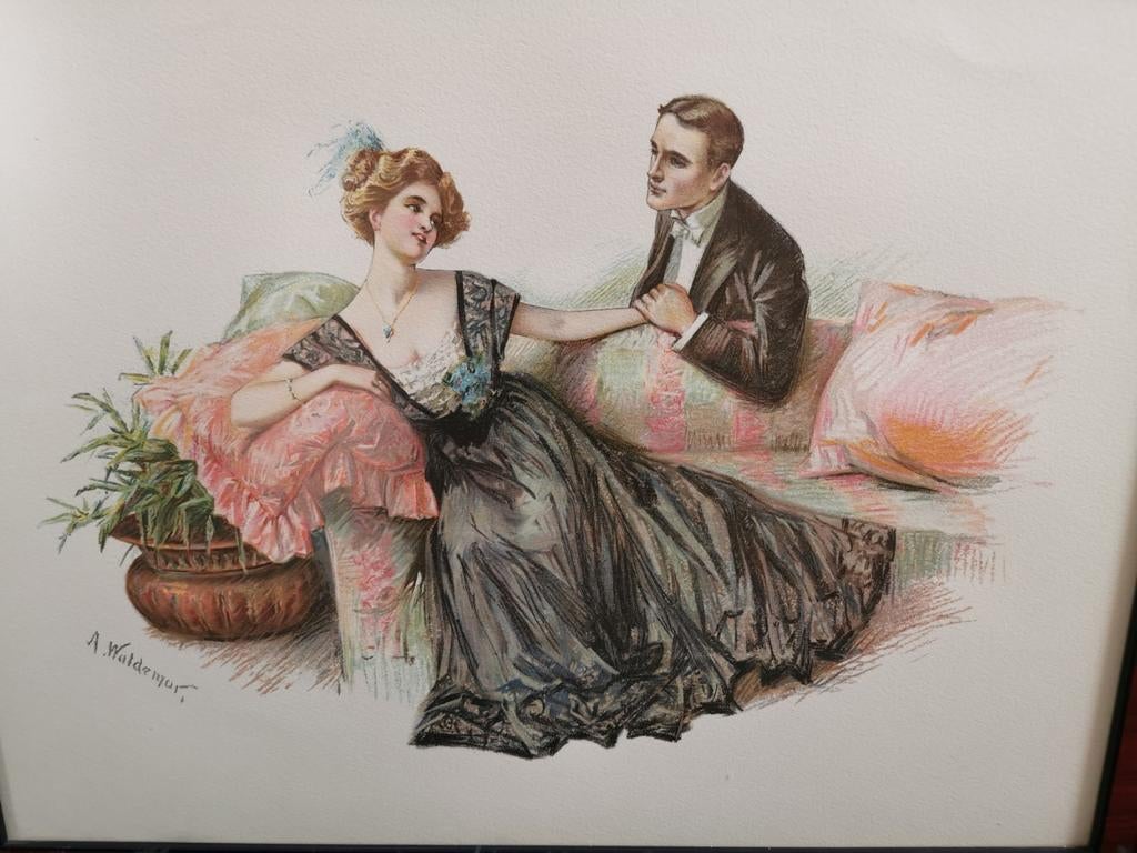 Antieke prent. A.Waldemar. Scènes Galantes, Antiek en Kunst, Kunst | Etsen en Gravures, Ophalen, Zeefdruk