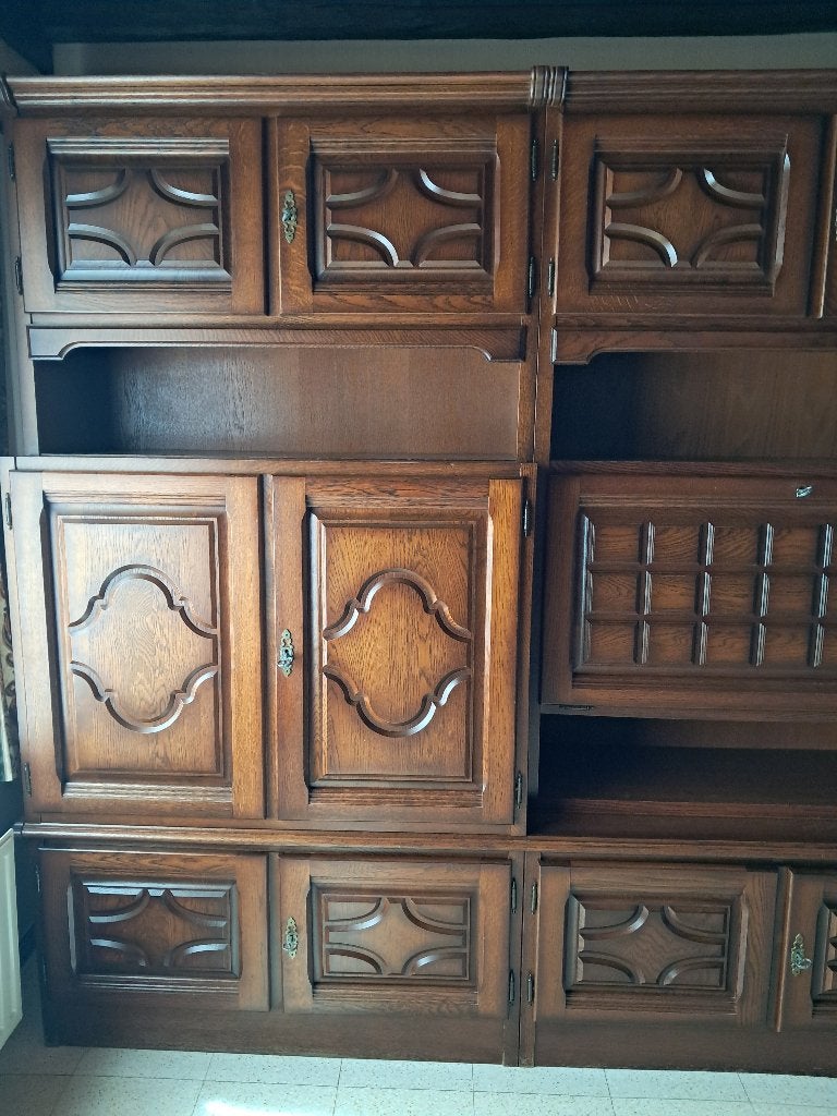Wandkast eik met barkast en spiegelwand, Ophalen, Gebruikt, 200 cm of meer, Met deur(en)