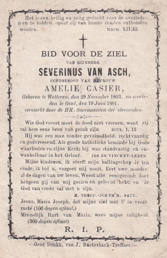 + 8 / B P VAN ASCH  S . WETTEREN  1835 - 1894, Verzamelen, Ophalen of Verzenden, Bidprentje