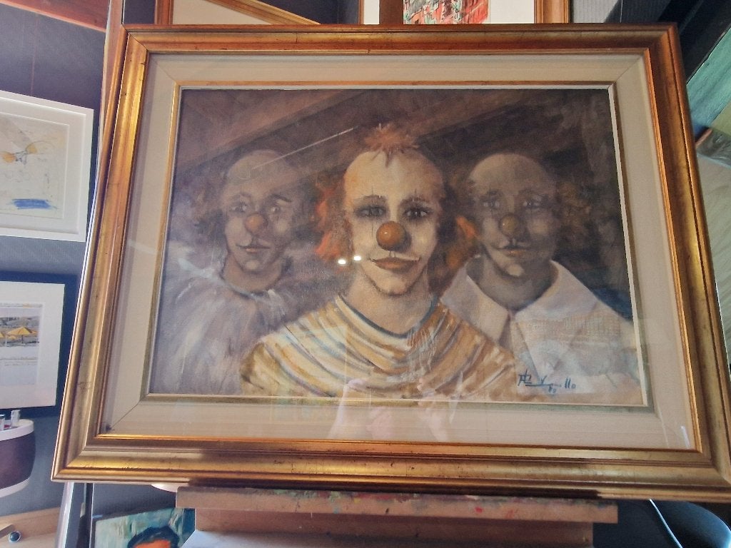 " Clowns "Olieverf op Paneel Gesigneerd Pavanello 1980, Antiek en Kunst, Ophalen, Paneel, Portret of Personen, Gedateerd