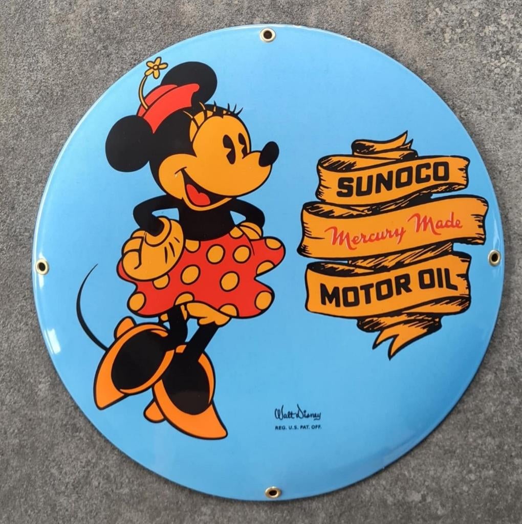 Minnie Mouse sunoco emaillen reclame bord veel andere borden, Verzamelen, Ophalen of Verzenden, Zo goed als nieuw, Reclamebord