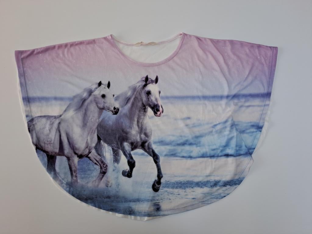 Mt 146-152 Poncho/T-shirt met witte paarden op het strand, Kinderen en Baby's, Gebruikt, Meisje, H&M, Ophalen of Verzenden
