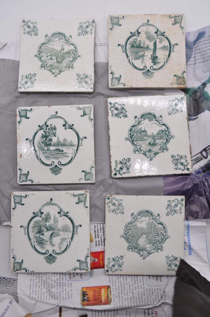Lot tegels 6 +1 - steendruk - schepen - bruggen, Antiek en Kunst, Ophalen of Verzenden