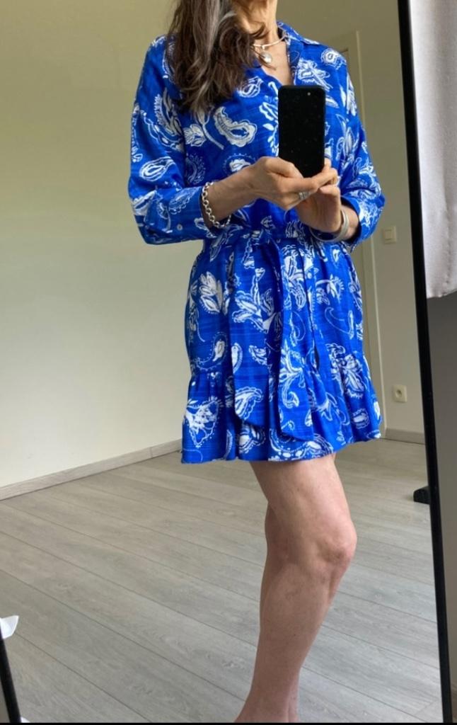 Blauw kleedje/tuniek met witte print, Neuf, Taille 34 (XS) ou plus petite, Bleu, Envoi