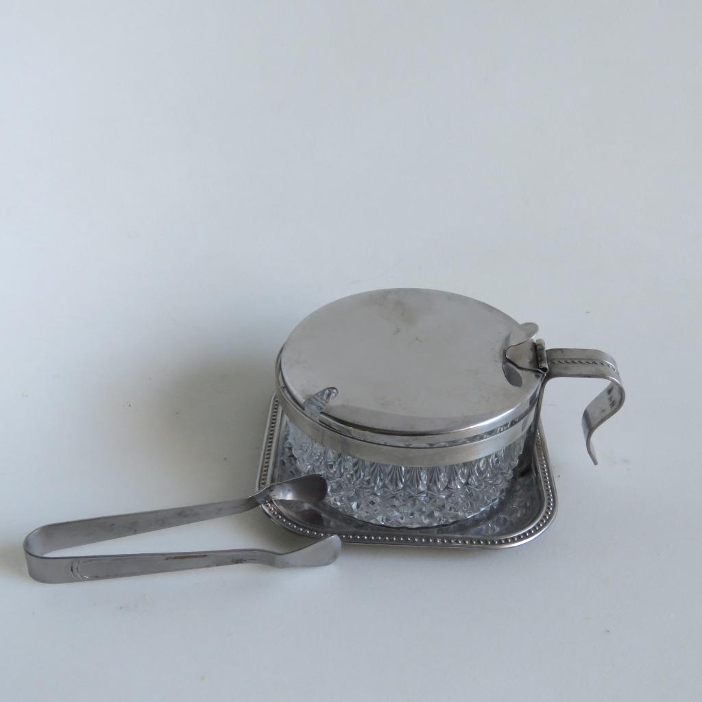 Vintage inox geslepen glas suikerpot pot voor parmezaanse ka, Ophalen of Verzenden