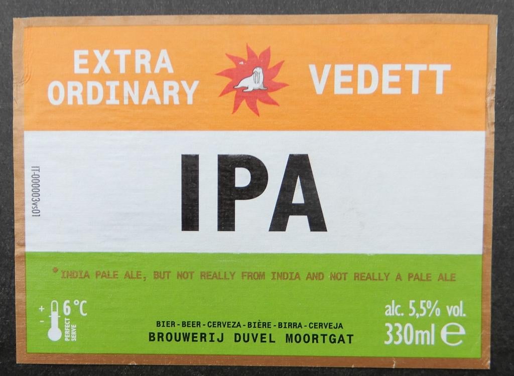 Bieretiket IPA extra ordinary Vedett Br Duvel Moortgat 11z1, Verzenden, Gebruikt, Duvel