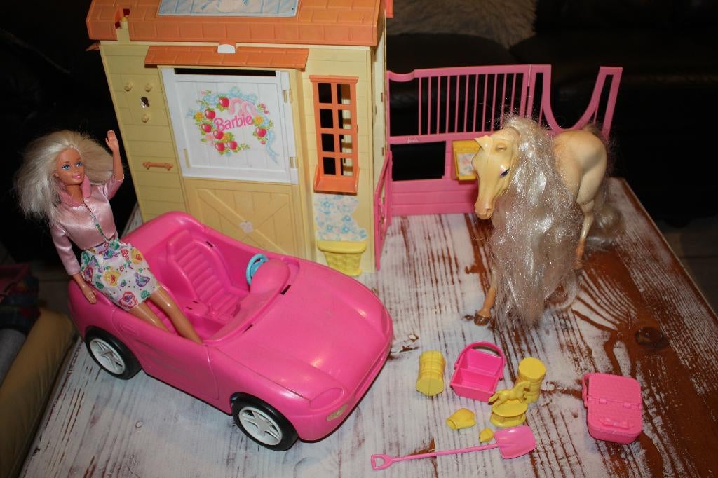 Barbie met auto, Nibbles, stal en enkele accescoires, Kinderen en Baby's, Speelgoed | Poppen, Ophalen of Verzenden, Gebruikt, Barbie