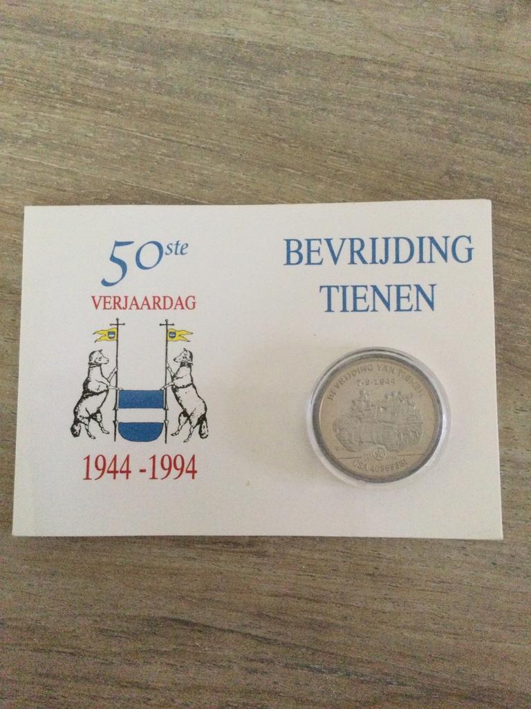 Penning 50 jaar bevrijding tienen, Postzegels en Munten, Ophalen of Verzenden