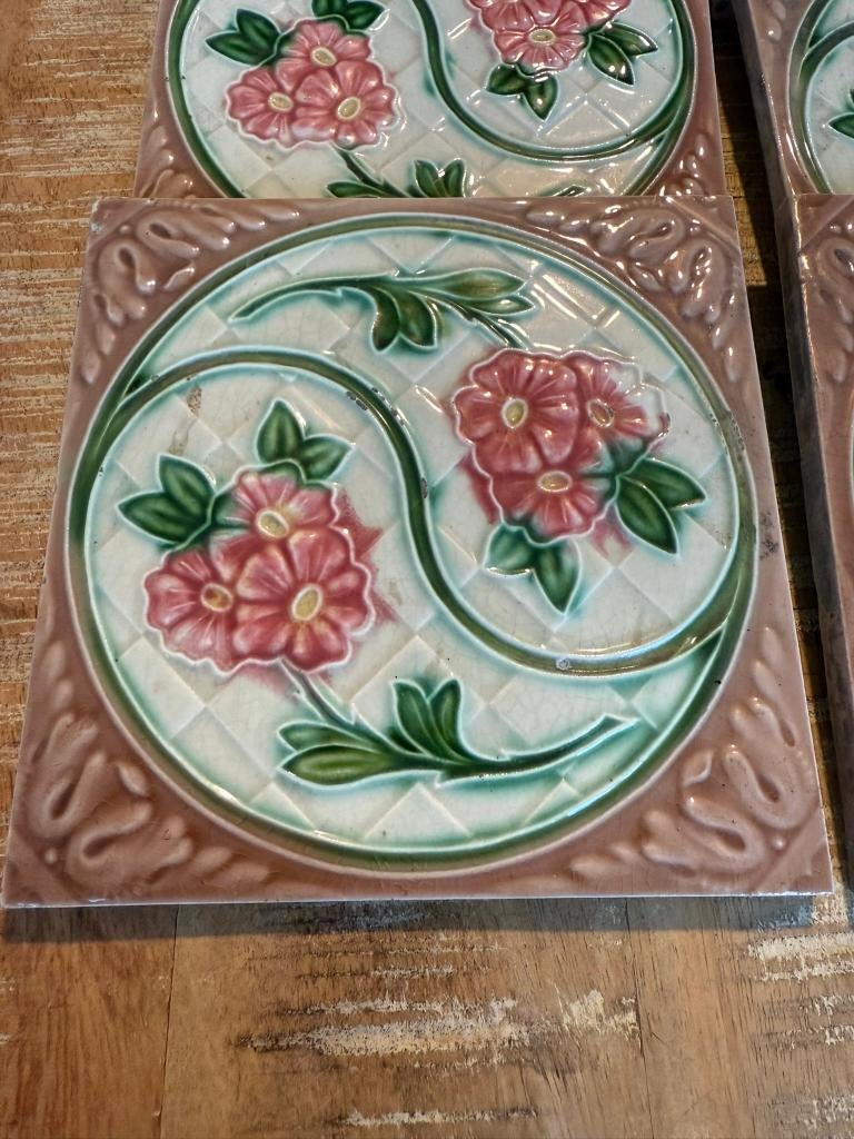 8 vintage keramieken tegel met bloemenmotief *Belca*, Antiek en Kunst, Ophalen of Verzenden
