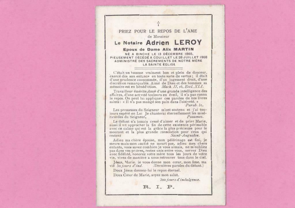 DP Notaire Adrien Leroy, Envoi, Image pieuse