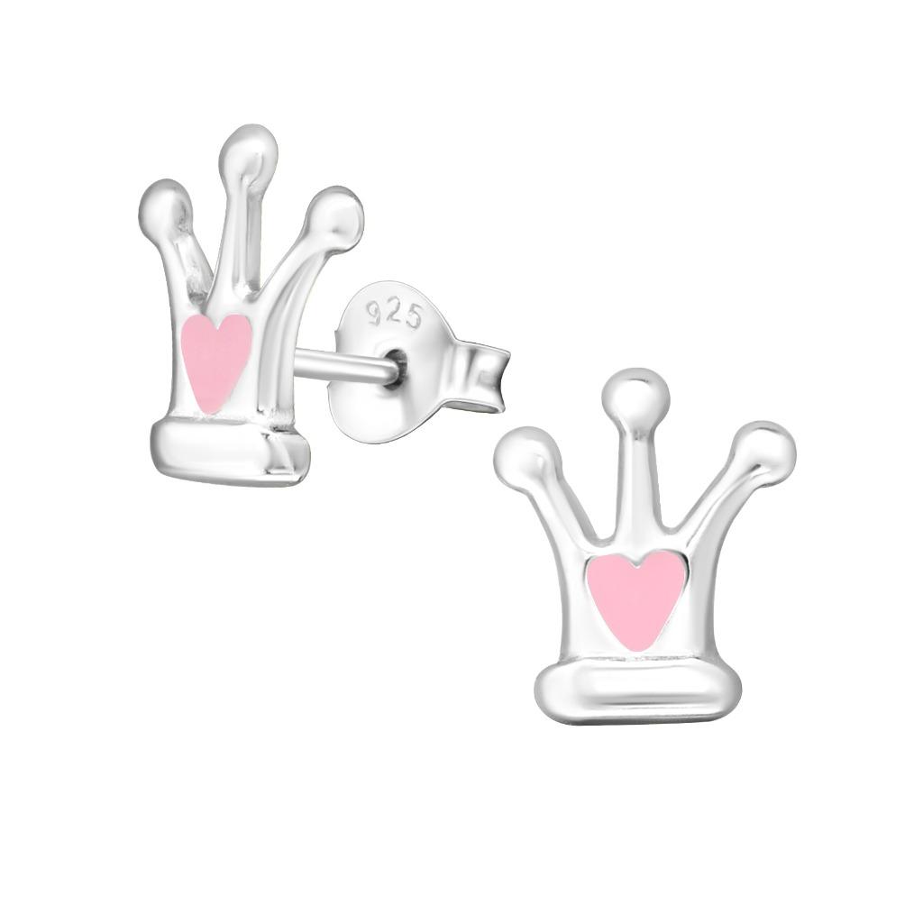 Boucles d'oreilles enfant argent couronne coeur époxy rose, Enlèvement ou Envoi, Neuf, Boucles d'oreilles