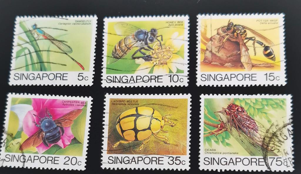 Singapore 1985 - insecten - waterjuffer, bijen, kevers, wesp, Ophalen of Verzenden, Gestempeld, Zuidoost-Azië