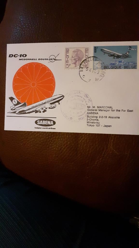 timbre belge enveloppe 1er jour sabena dc10 douglas 1974, Postzegels en Munten, Postzegels | Europa | België, Luchtvaart, Met envelop