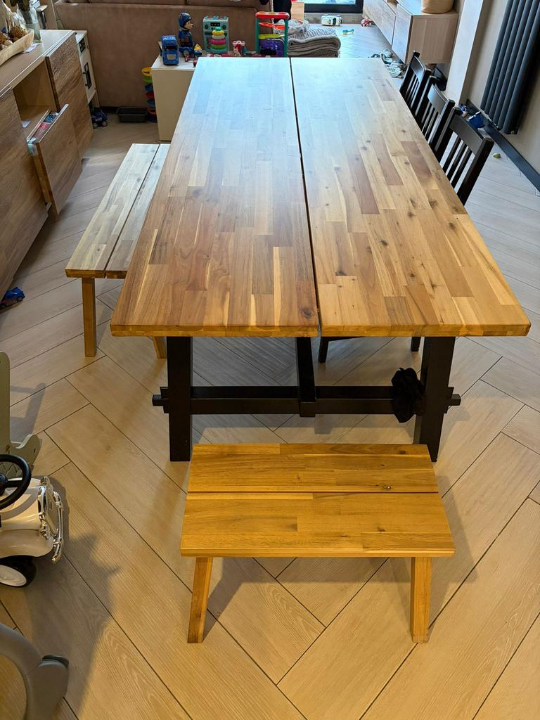 Eettafel + 2 banken + 3 stoelen met kussens, Maison & Meubles, Tables | Tables à manger, Enlèvement ou Envoi, Utilisé, 200 cm ou plus