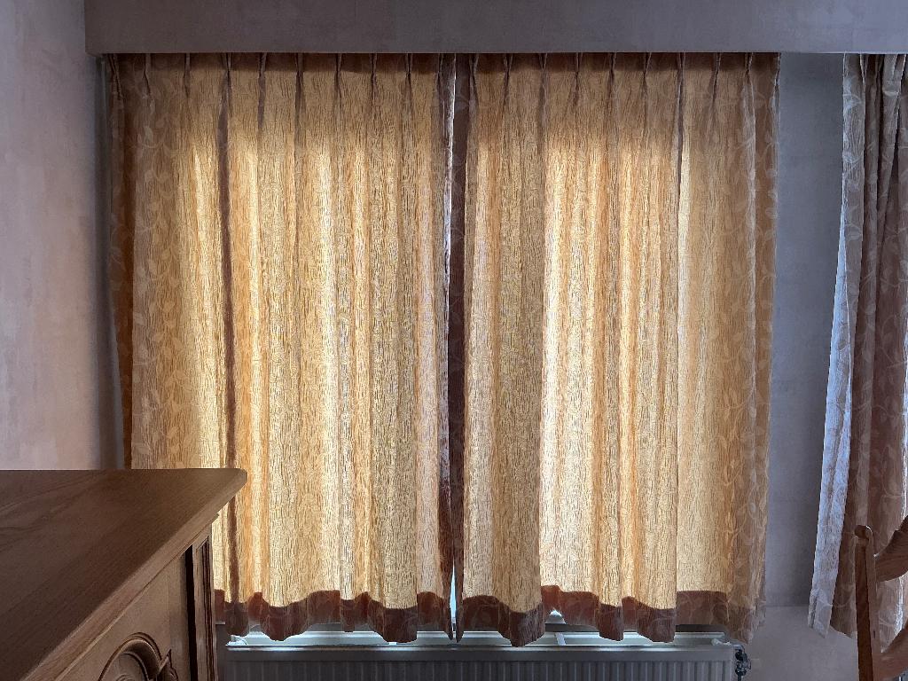 Overgordijnen voor 2 ramen, Huis en Inrichting, Gebruikt, Beige, 150 tot 200 cm, Ophalen of Verzenden