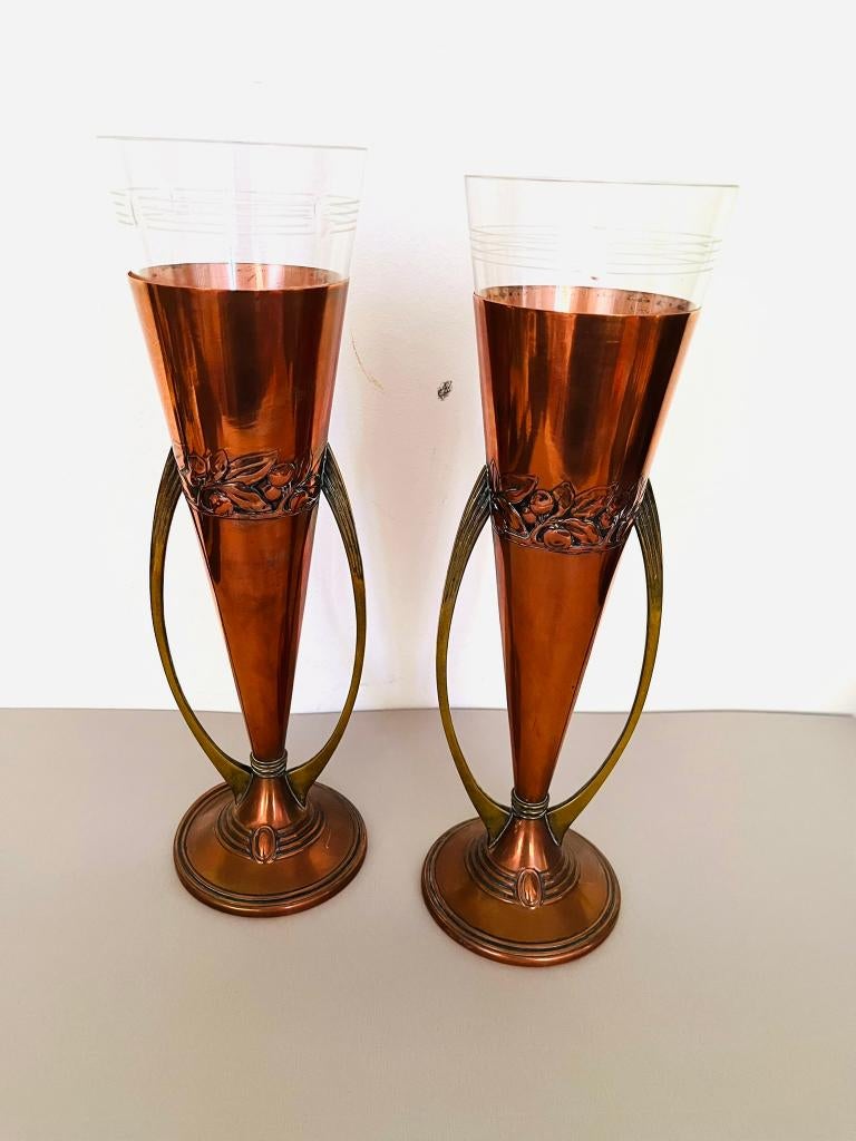 “Vintage Art Deco vazen met koperen voet en glas – set, Antiek en Kunst, Ophalen