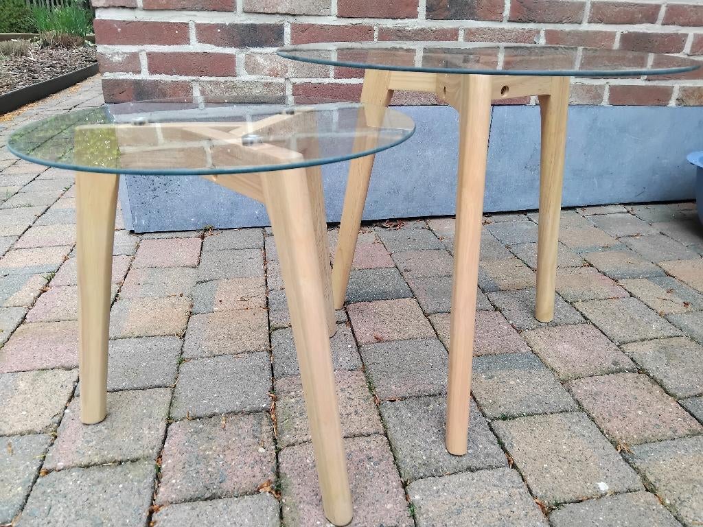 bijzettafelset salontafel massief eik en rond glas, Ophalen, Nieuw, Rond, Glas