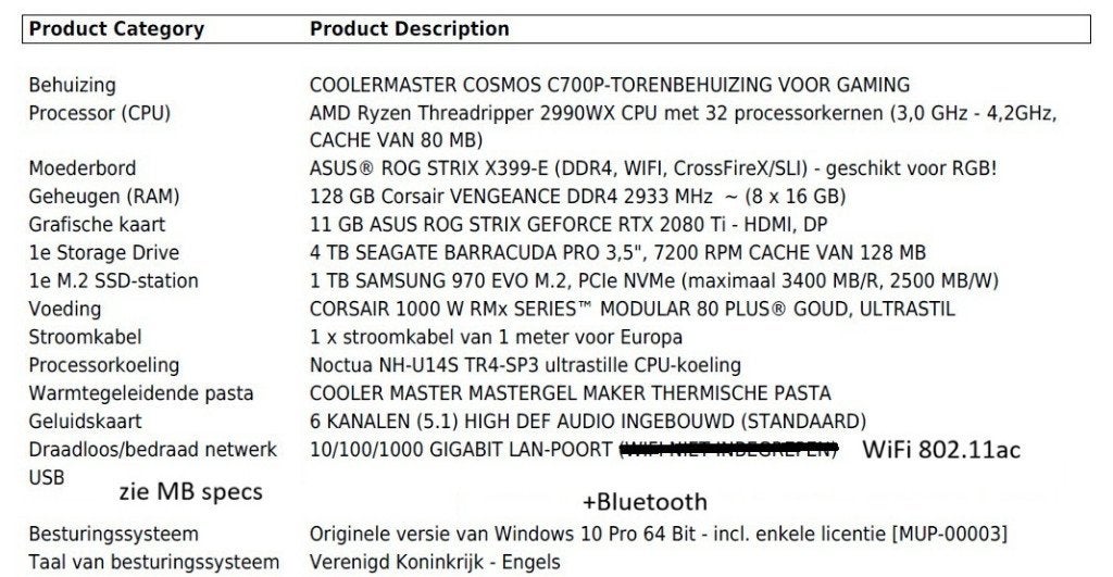 Gaming PC/WS 128GB/Ryzen Threadrp 2990WX/Geforce RTX2080Ti, Computers en Software, Ophalen, 64 GB of meer, 5 TB, Refurbished
