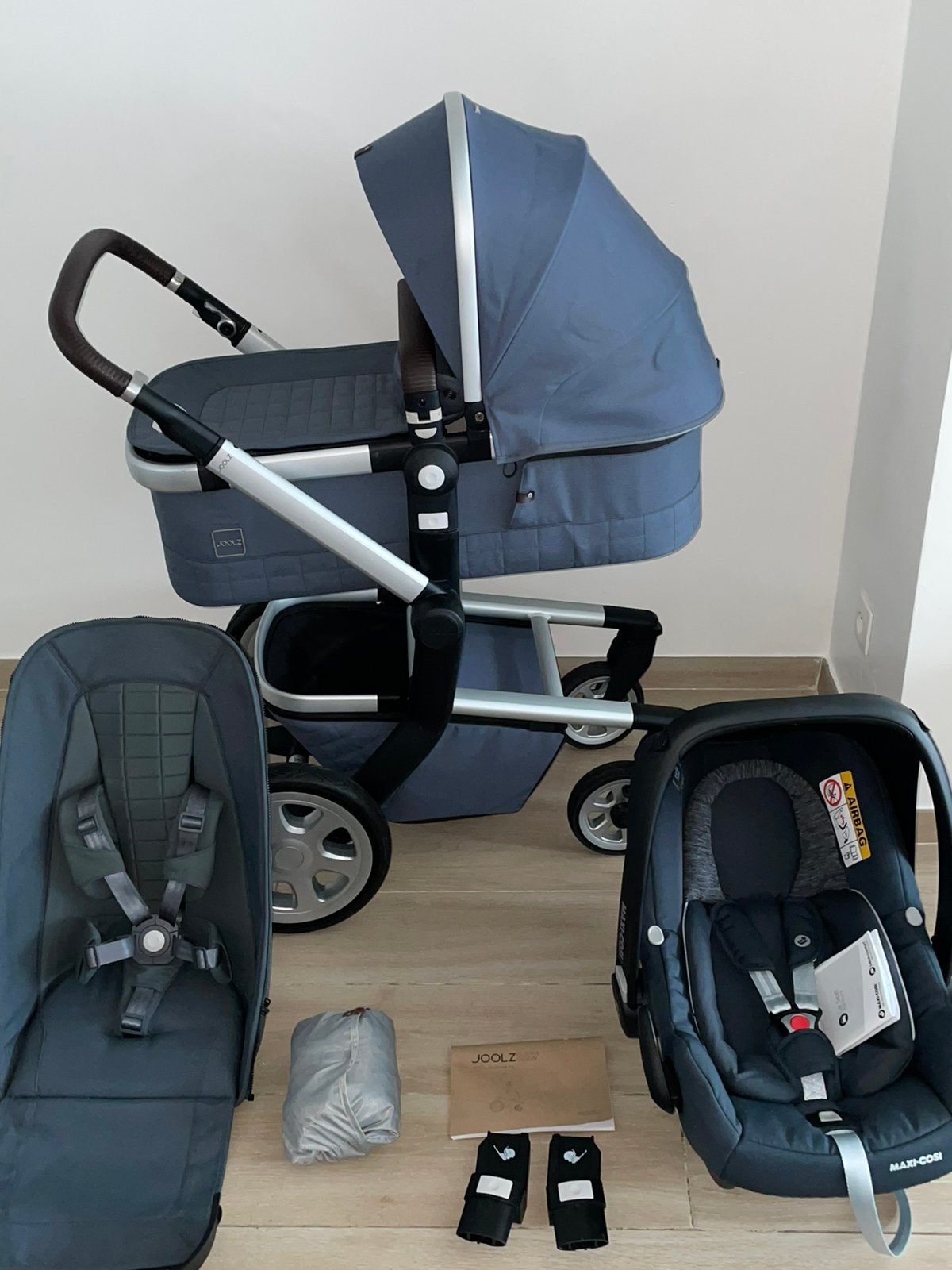 Ensemble complet de poussette 3-en-1 Joolz Day Quadro Blu, Ba, Comme neuf, Enlèvement, Protection de pluie