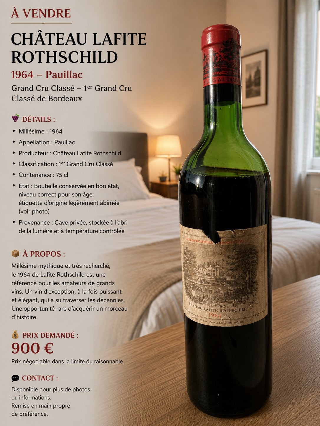 Château Lafite Rothschild 1964 – Grand Cru Classé – 900 €, Collections, Vins, Enlèvement ou Envoi, Pleine, Comme neuf, Vin rouge