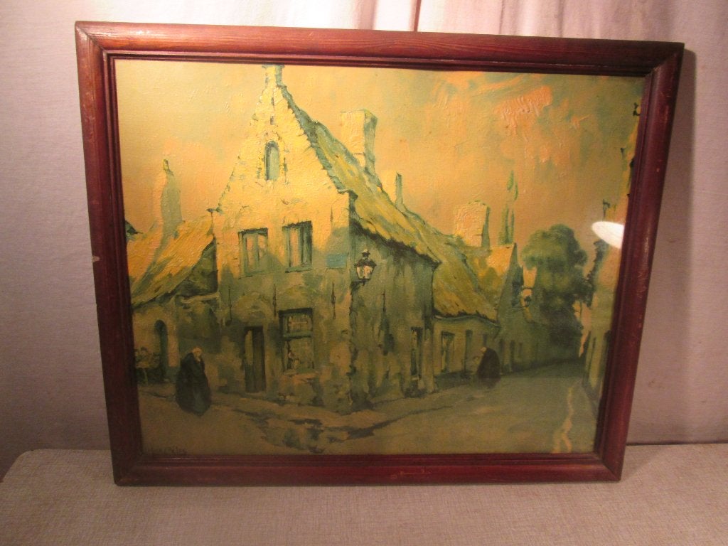 Aquarelle peinte à l'ancienne - Village - J Celos, Antiquités & Art, Enlèvement ou Envoi, Encadré, Aquarelle, Paysage