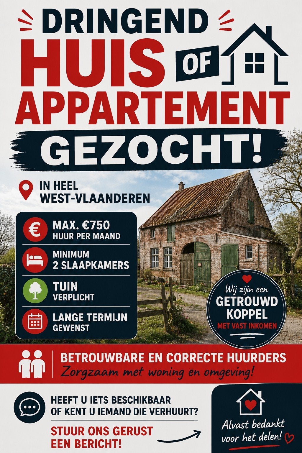 dringend huis of appartement gezocht wstvl, Immo