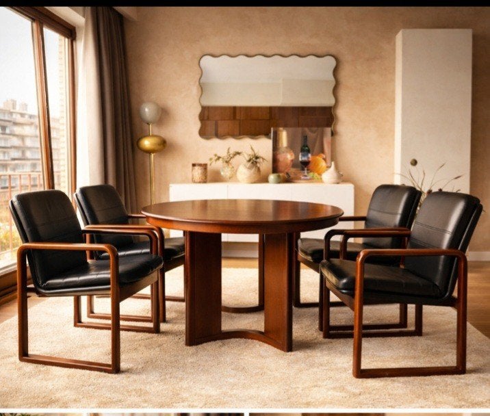 set van 4 vintage fauteuils/eetkamerstoelen uit de jaren ’70, Huis en Inrichting, Ophalen, Bruin, Hout, Vier