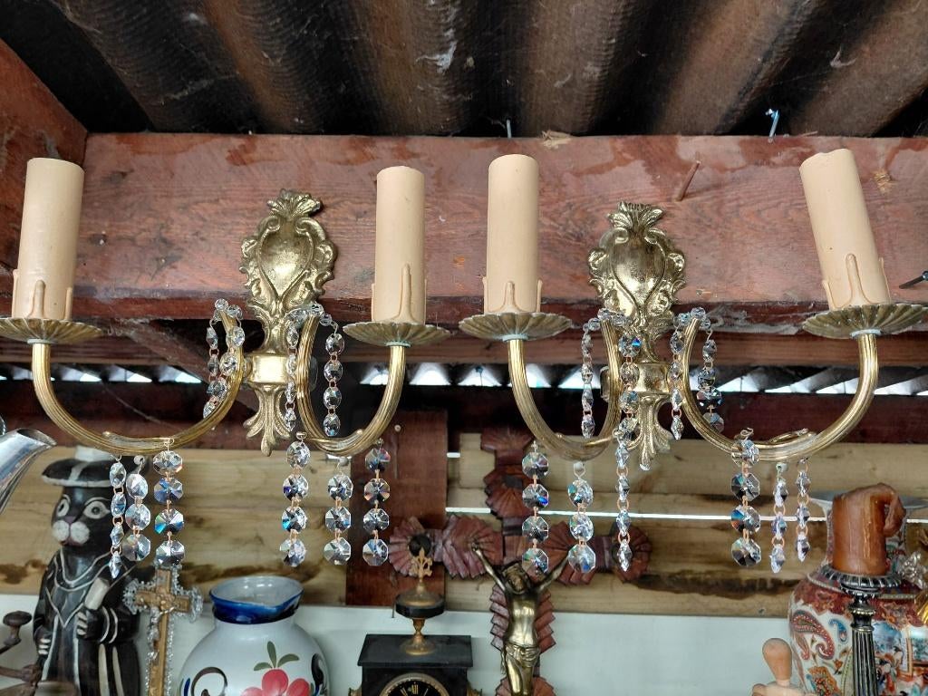 2 koperen wandlichten (antiek met kristal), Antiek en Kunst, Ophalen