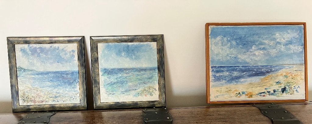 3 olieverfschilderijen met Scandinavisch kustkarakter., Antiek en Kunst, Ophalen, Ingelijst, Olieverf, Landschap