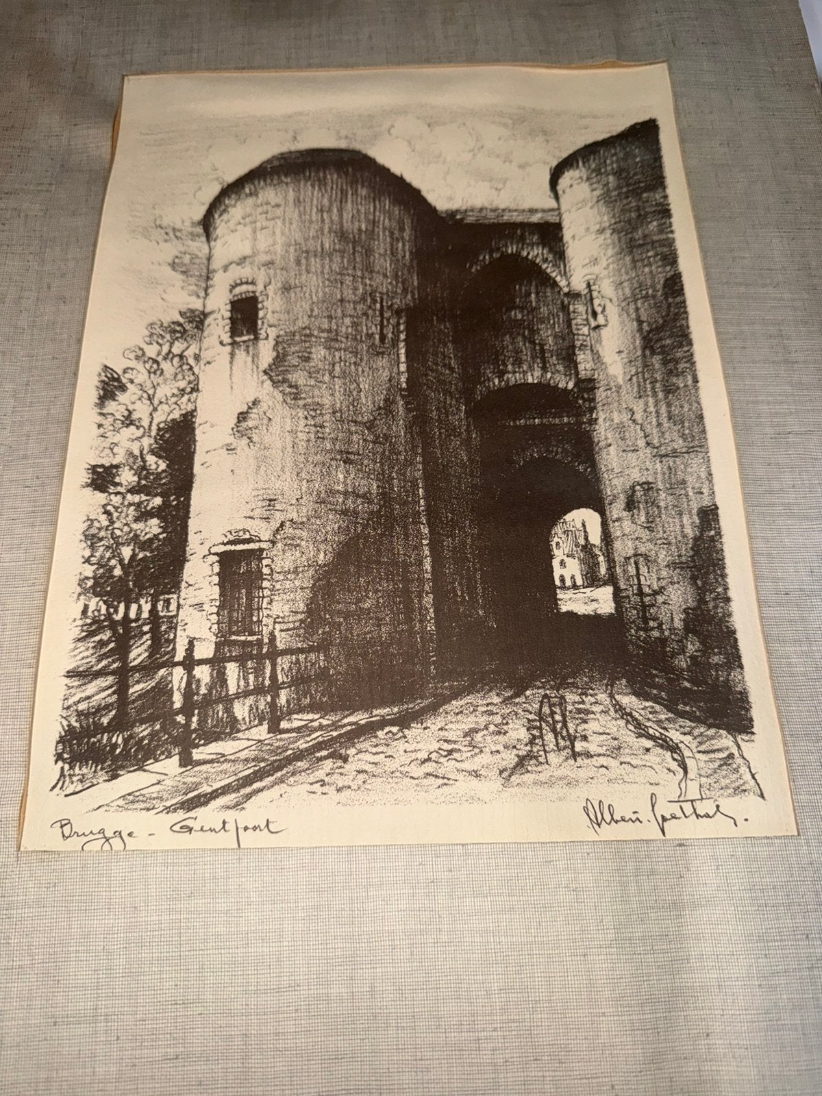 Albert Goethals – Brugge Gentpoort – gesigneerde ets, Verzamelen, Foto's en Prenten, Zo goed als nieuw, Prent, Gebouw, 1940 tot 1960