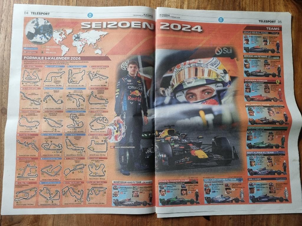 Formule 1-kalender 2024 met Max Verstappen (krant 2024), Verzamelen, Ophalen of Verzenden, Knipsel(s)
