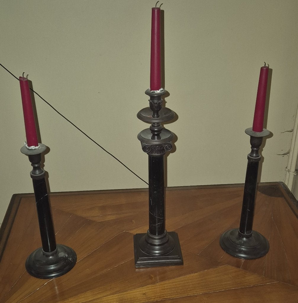 3 grote marmer en metaal kandelaars, Huis en Inrichting, Ophalen of Verzenden, Zo goed als nieuw, 40 cm, Metaal