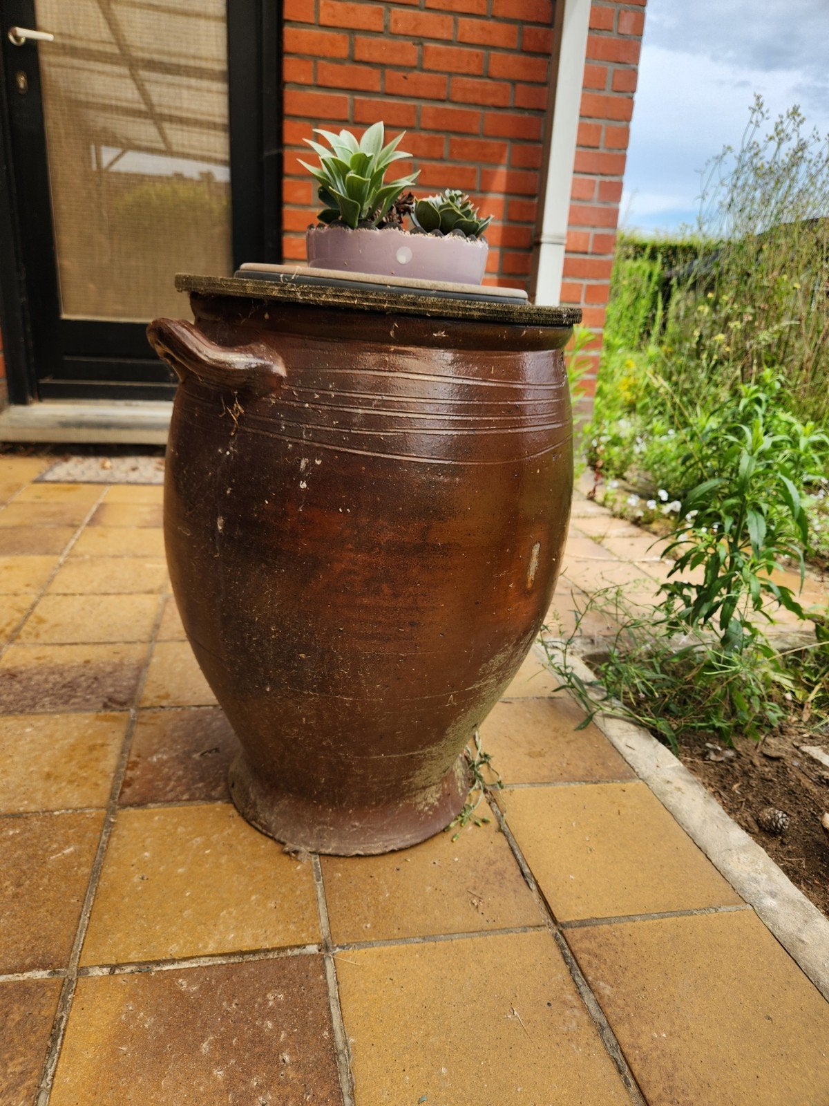 Bruin stenen bloempot te koop, Tuin en Terras, Ophalen, Gebruikt, Rond, Balkon