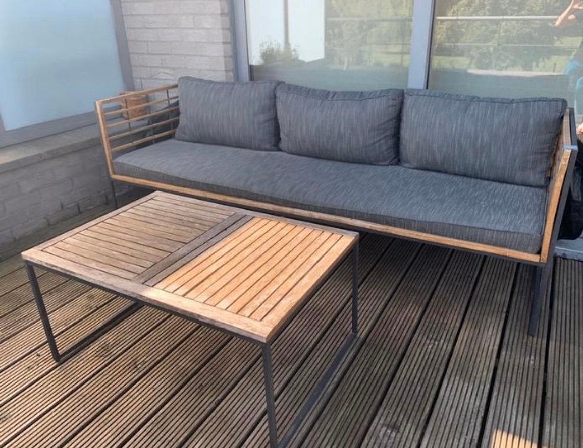 Lounge bank met poef en tafeltje, Tuin en Terras, Ophalen, Gebruikt, 3 zitplaatsen, Bank