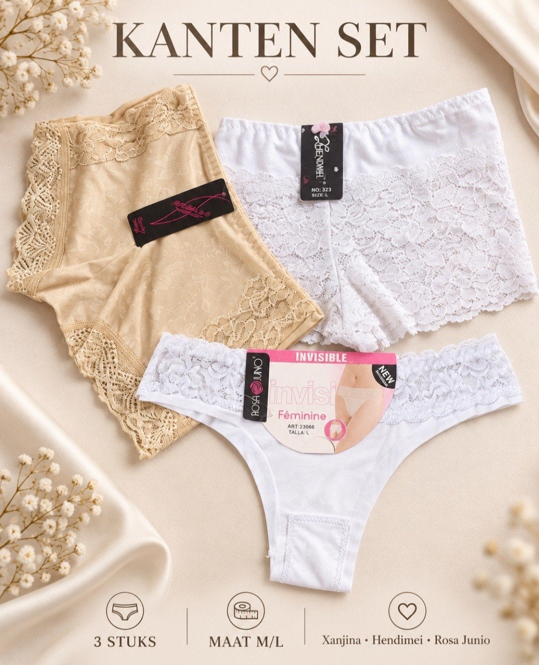 Kanten Set 2 boxers +1string Maat M/L, Kleding | Dames, Rosa Junio, Ophalen of Verzenden, Beige, String