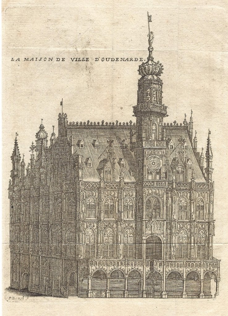 1769 - stadhuis van Oudenaarde, Antiquités & Art, Art | Eaux-fortes & Gravures, Gravure, Verso blanc, Original, Architecture, 1700 - 1799
