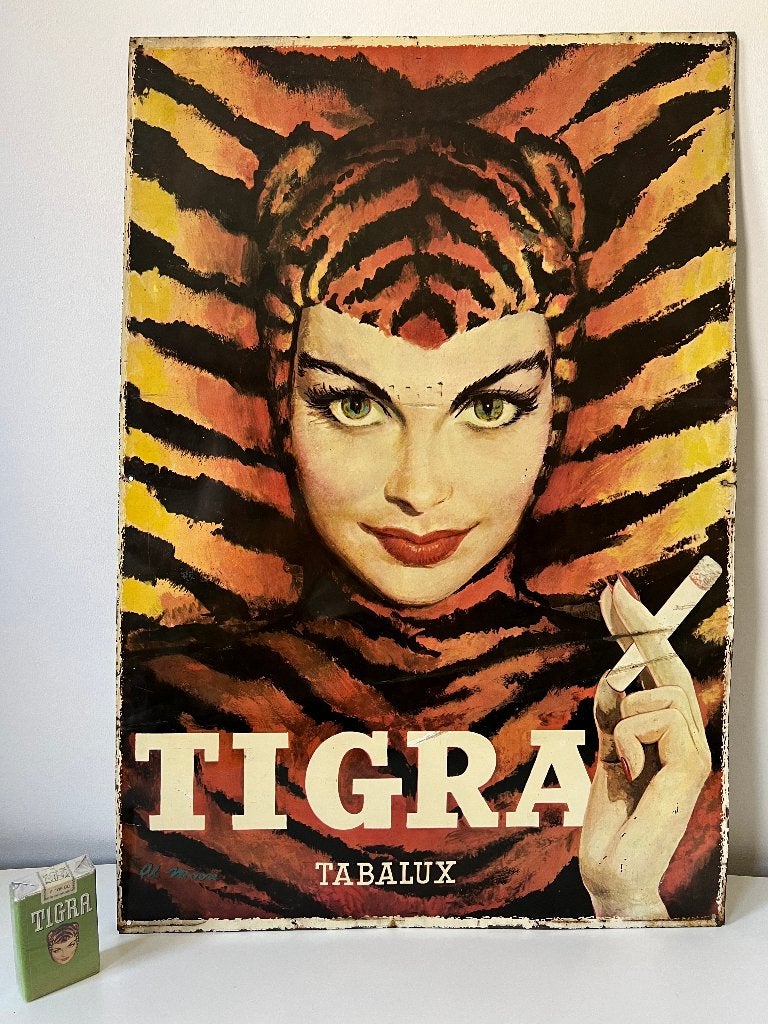 Vintage 1960s TIGRA Sigaretten Reclame bord Blik Emaille, Enlèvement ou Envoi, Utilisé, Panneau publicitaire
