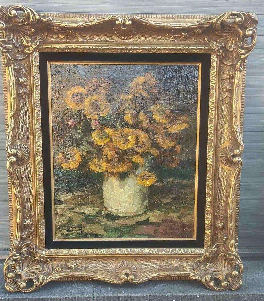 Huile sur toile fleurs signe Herman courtens, Antiek en Kunst, Ophalen of Verzenden, Bloemen, Doek