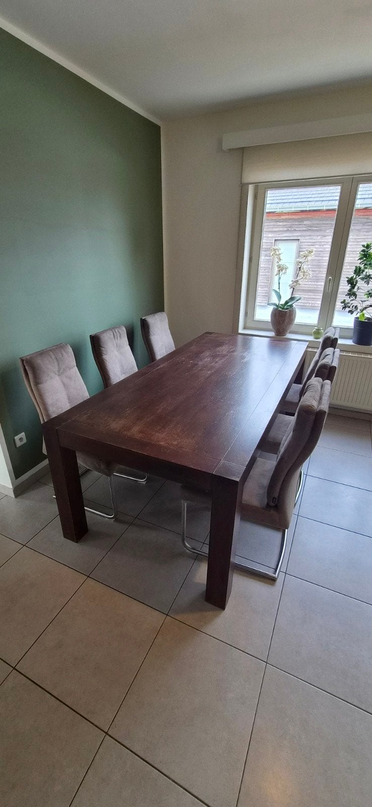 Grote Houten Eettafel (100x220 cm) + 6 Comfortabele Stoelen, Huis en Inrichting, Ophalen