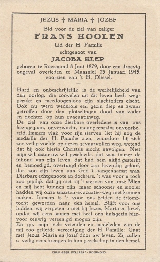 Oorlog 1940-45 Frans Koolen Maasniel 25.01.1945, Envoi