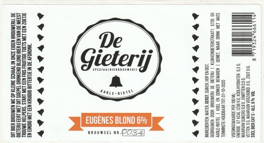 bieretiket Nederland De Gieterij : Eugènes blond, Verzamelen, Biermerken, Verzenden, Nieuw, Overige typen, Overige merken