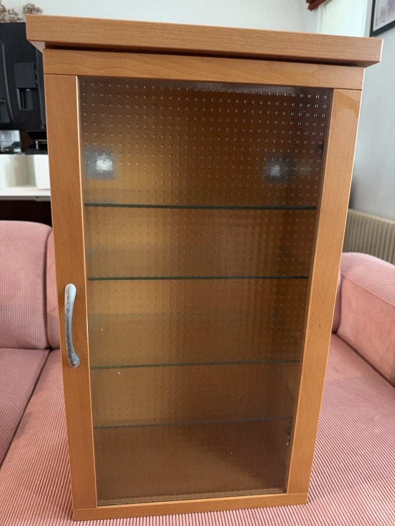 Hangkastje houtlook met glazen deur en 4 glazen legplanken, Ophalen, Minder dan 50 cm, Glas, Minder dan 25 cm