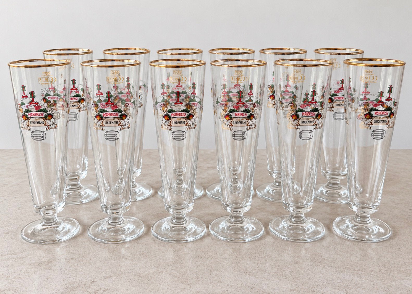 Lot de 12 verres à biere Lindemans Kriek  Pêcheresse 25 cl, Enlèvement ou Envoi, Comme neuf