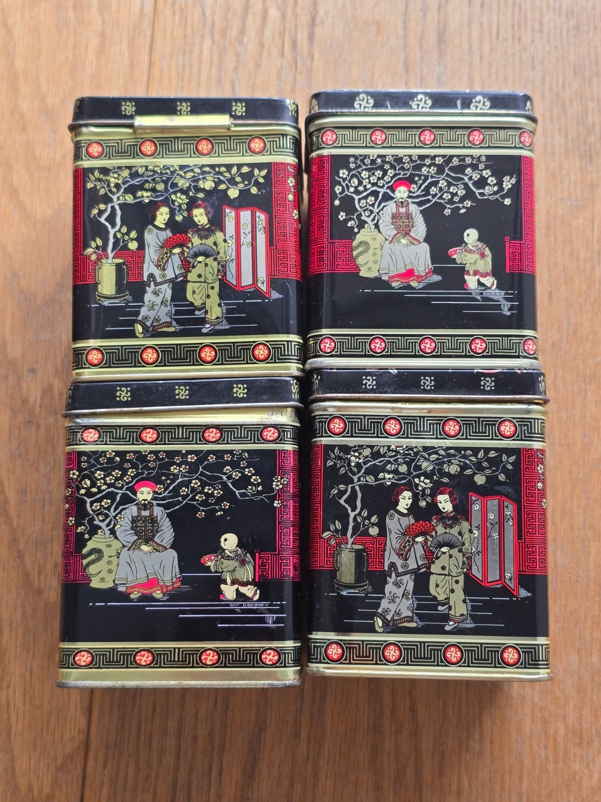 Ensemble de 4 boîtes à thé vintage en forme de chinoiserie —, Enlèvement ou Envoi