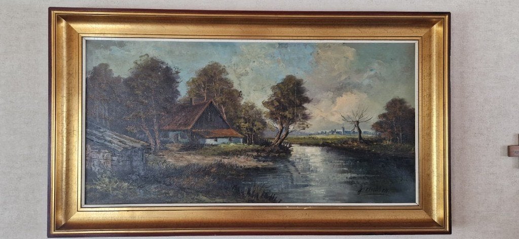 groot decoratief landschapsschilderij met kader, Ophalen, Doek, Realistisch, Landschap