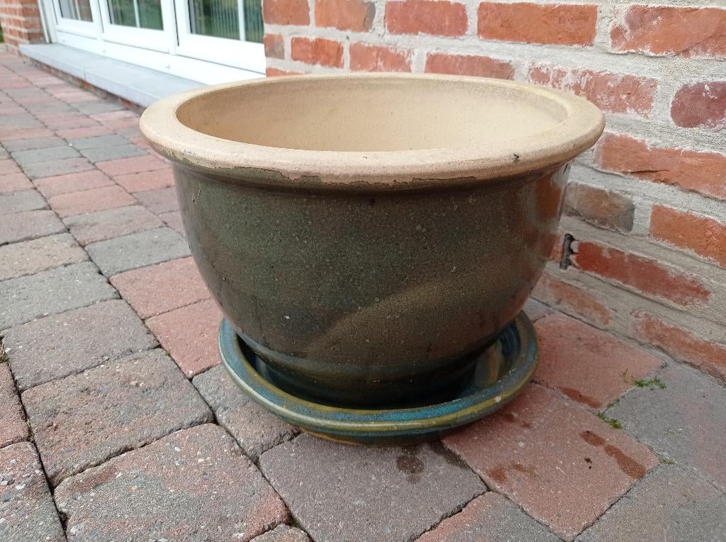 Terracotta bloempot met schaal, Tuin en Terras, Rond, Zo goed als nieuw, Minder dan 40 cm, Terracotta