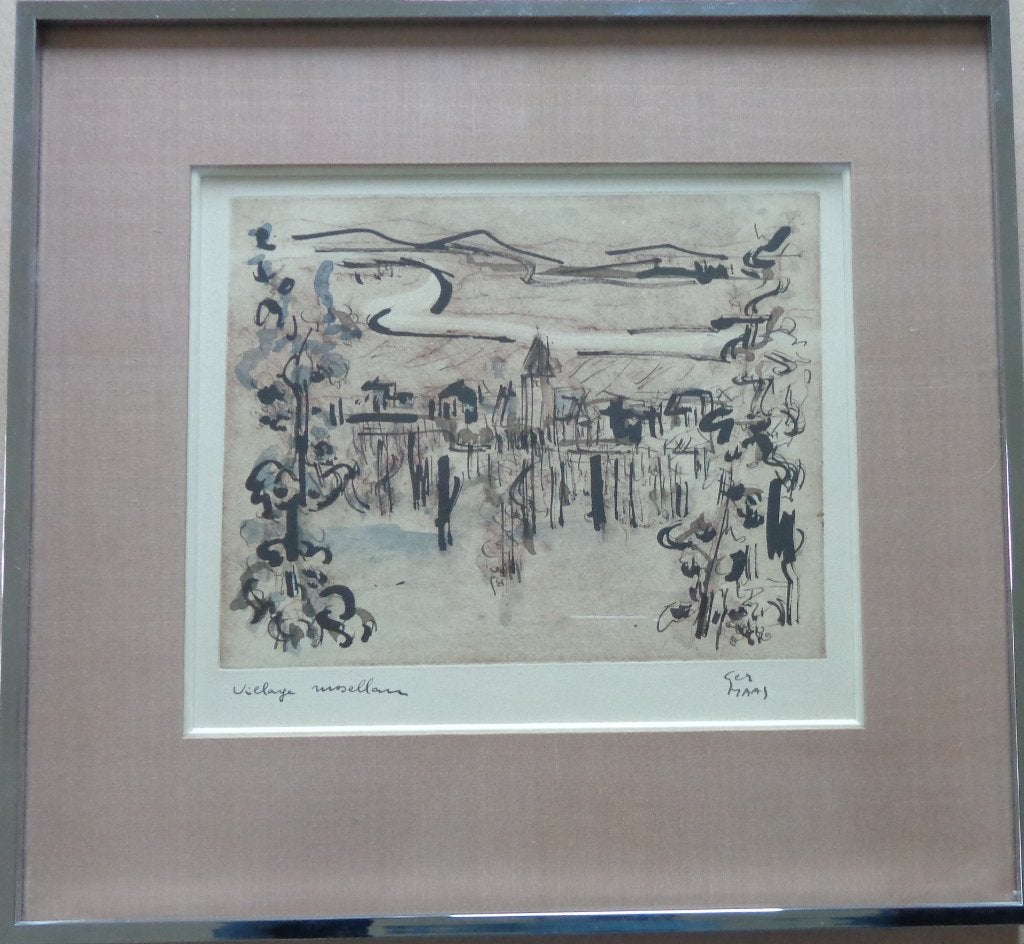 GER MAAS /VILLAGE MOSSELAN / ETS + AQUAREL / 39x41cm / KADER, Antiquités & Art, Numéroté, Enlèvement ou Envoi, Paysages, Eau-forte