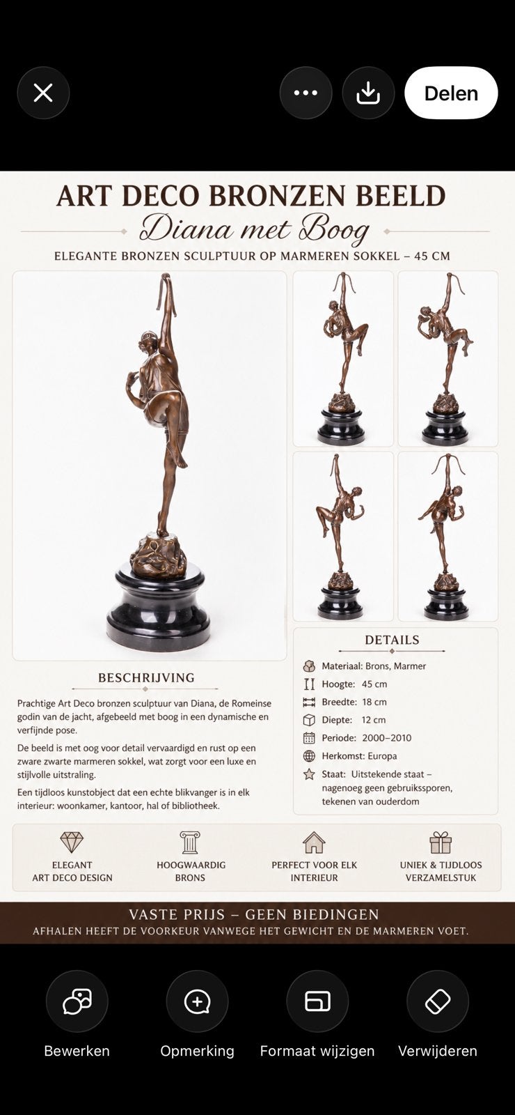 Art Deco bronzen beeld Diana met boog – marmer 45 cm, Ophalen, Zo goed als nieuw