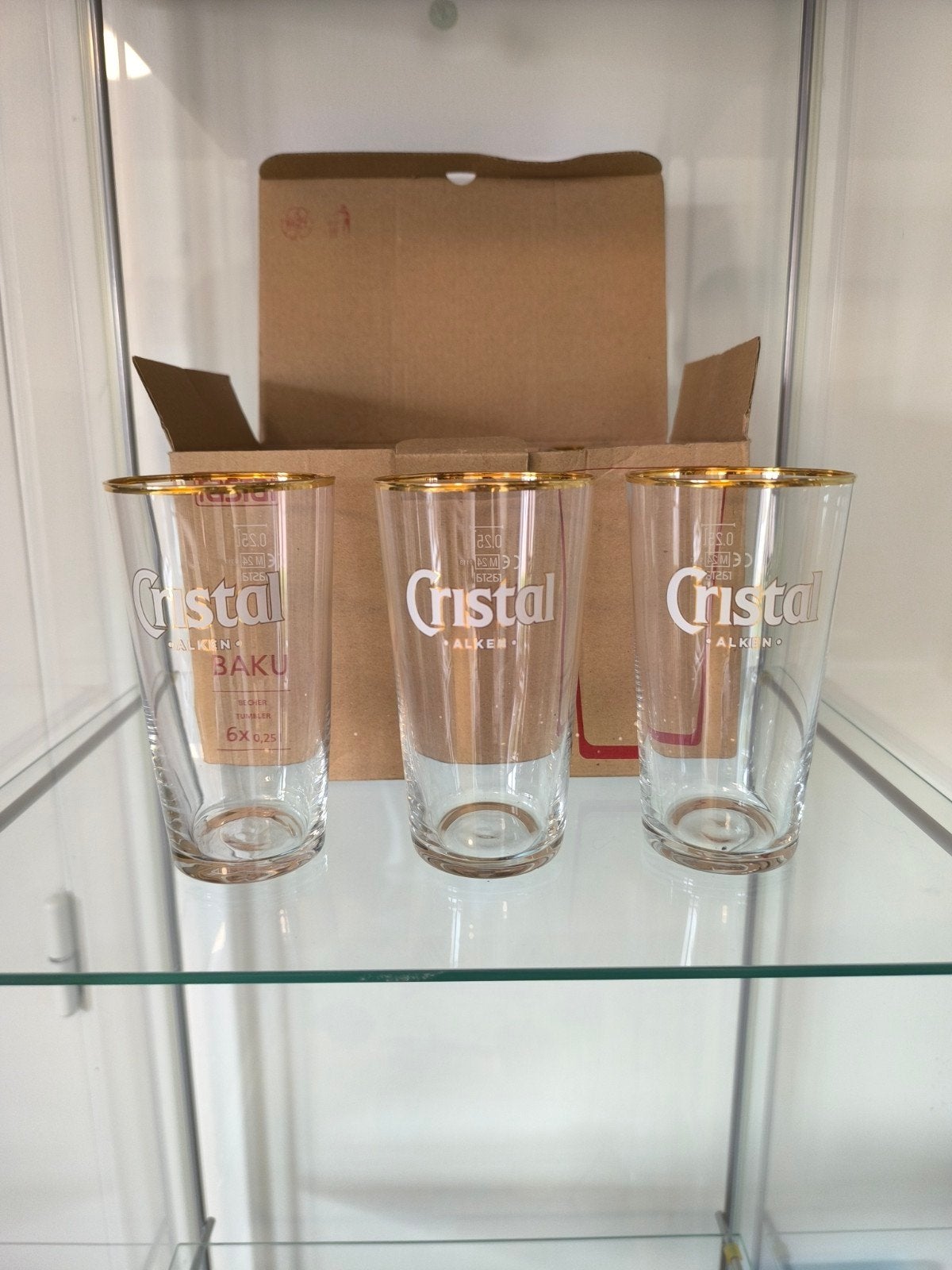 Cristal Alken boerke 25cl gouden rand m24 6x wit opschrift., Verzamelen, Glas en Drinkglazen, Ophalen